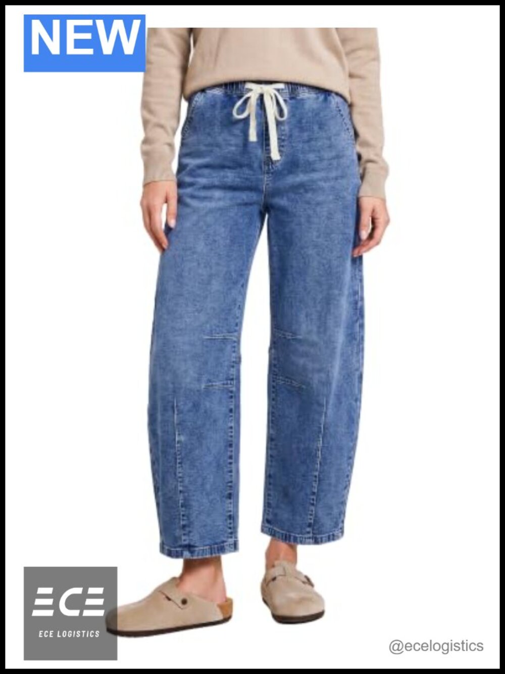 Women's High Waisted Barrel Jeans Crop Pull On Drawstring Denim Pants